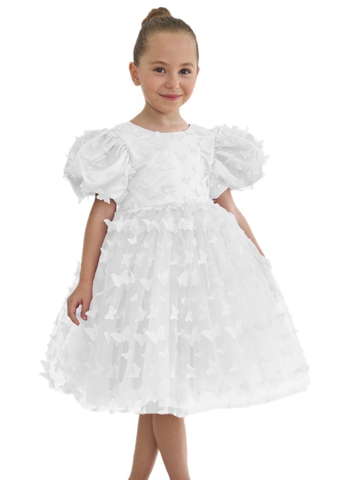 2Bunnies Girls' 3D Butterfly Puff Sleeve Babydoll Fit & Flare Dress