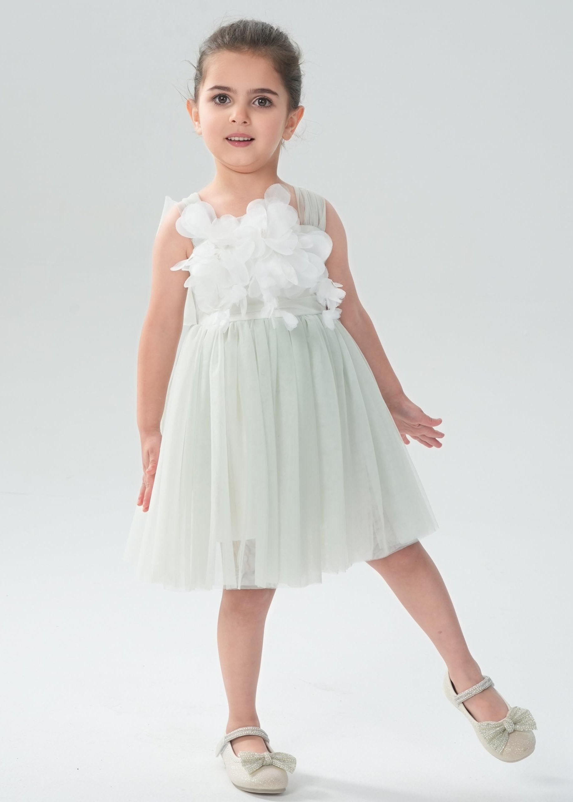 Lily Adjustable Strap Girl Dress in Sage 3D Flower Petal