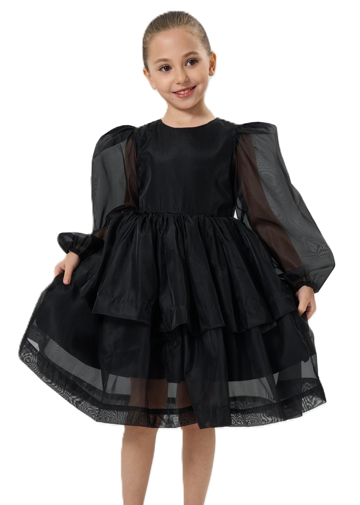 2Bunnies Girls' Organza Long Sleeve Tiered Babydoll Skater Dress