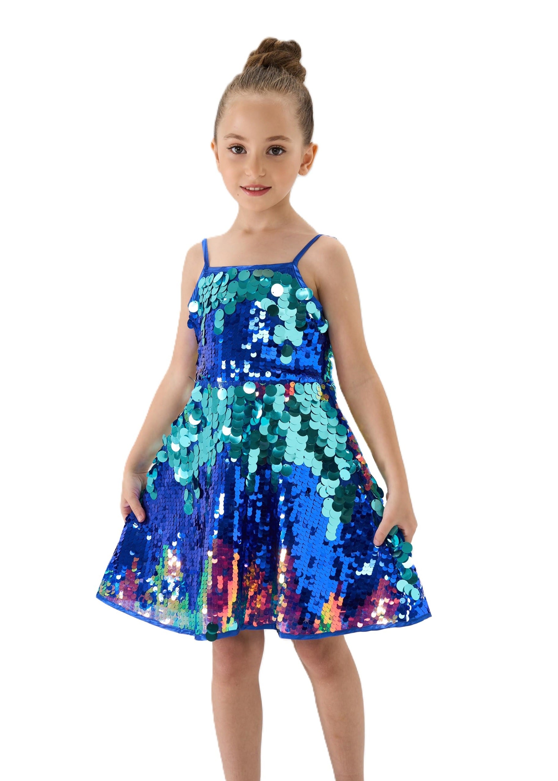 2Bunnies Girls' Shimmering Spaghetti Strap A-Line Sequin Dress