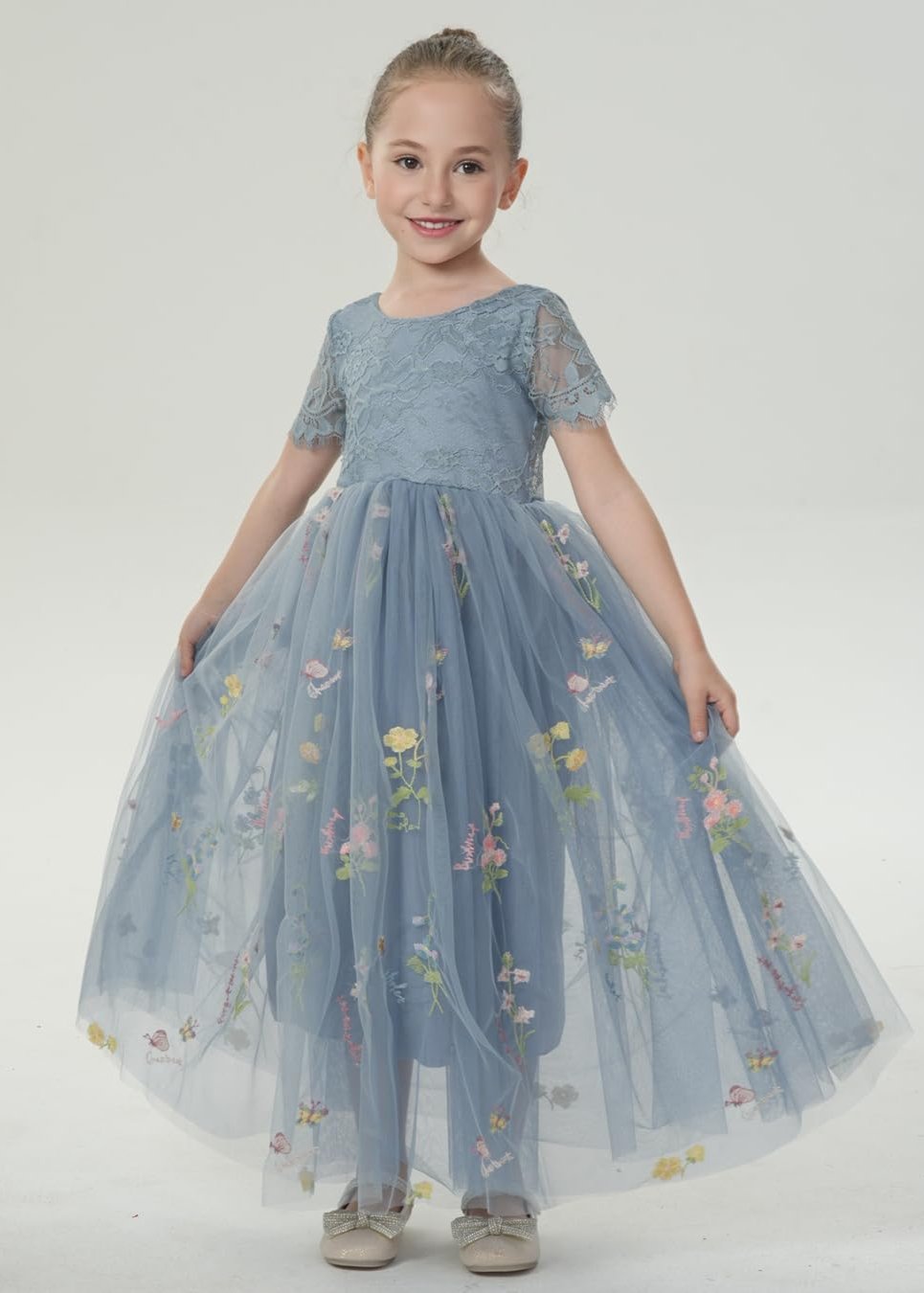 Floral Embroidered Tulle Lace Girl Dress in Dusty Blue