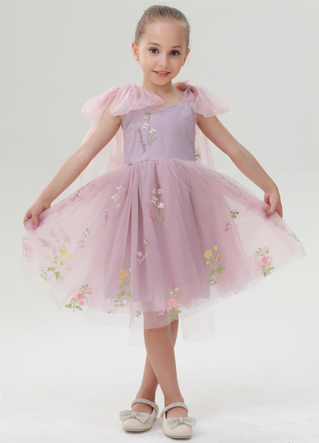 Floral Embroidered Tulle Girl Dress in Dusty Pink Knee