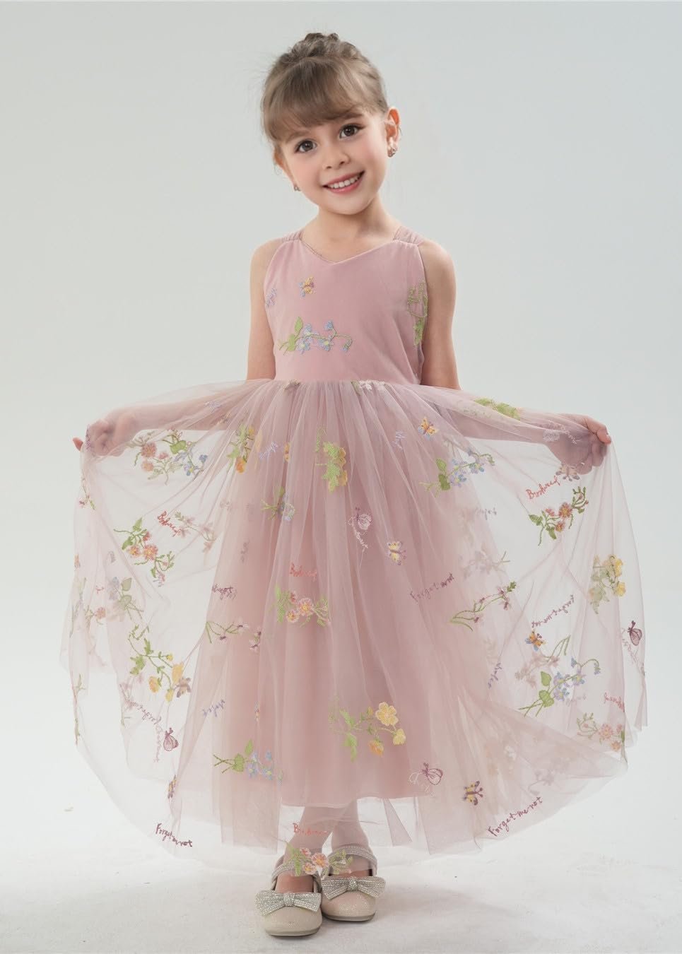 Floral Embroidered Tulle Girl Dress in Dusty Pink