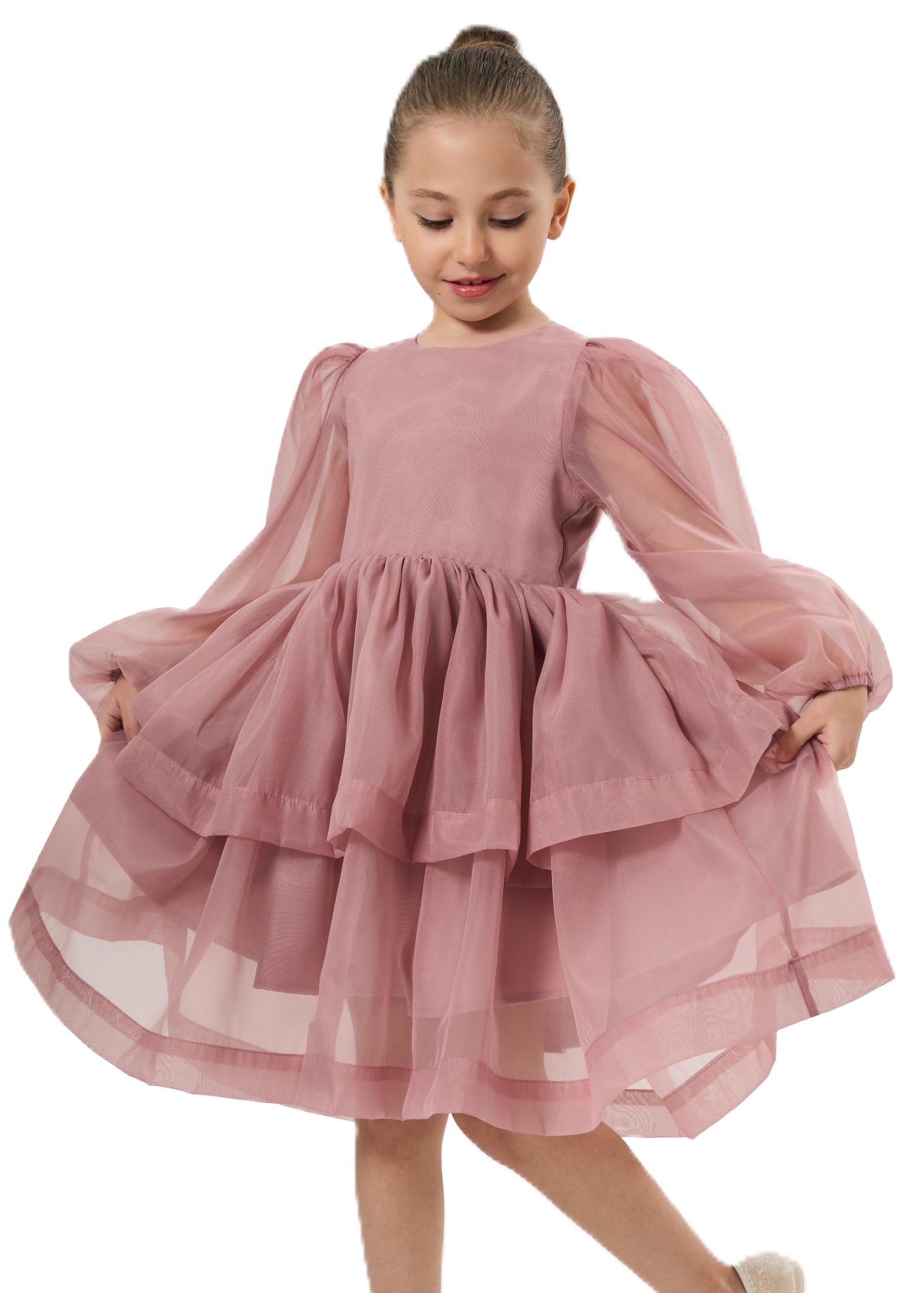 2Bunnies Girls' Organza Long Sleeve Tiered Babydoll Skater Dress