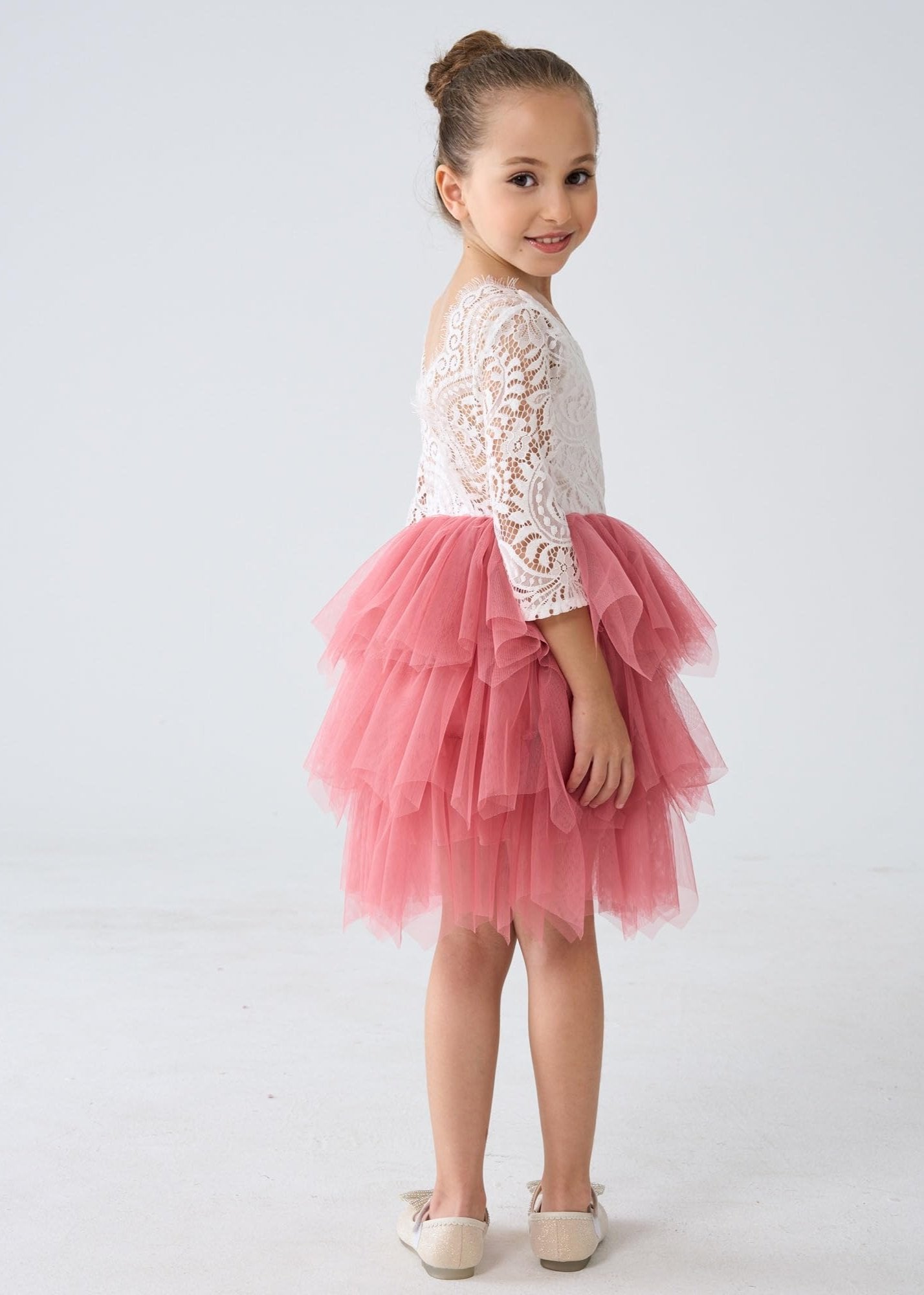 Peony Lace Flower Girl Dress in Dusty Pink (tiered)