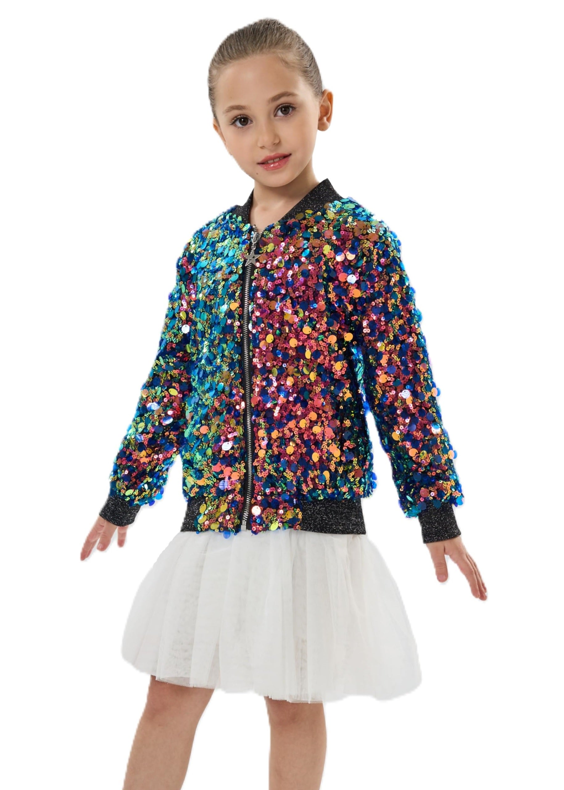 2Bunnies Girls' Fiesta Glow Ombre Sparkle Sequin Bomber Jacket