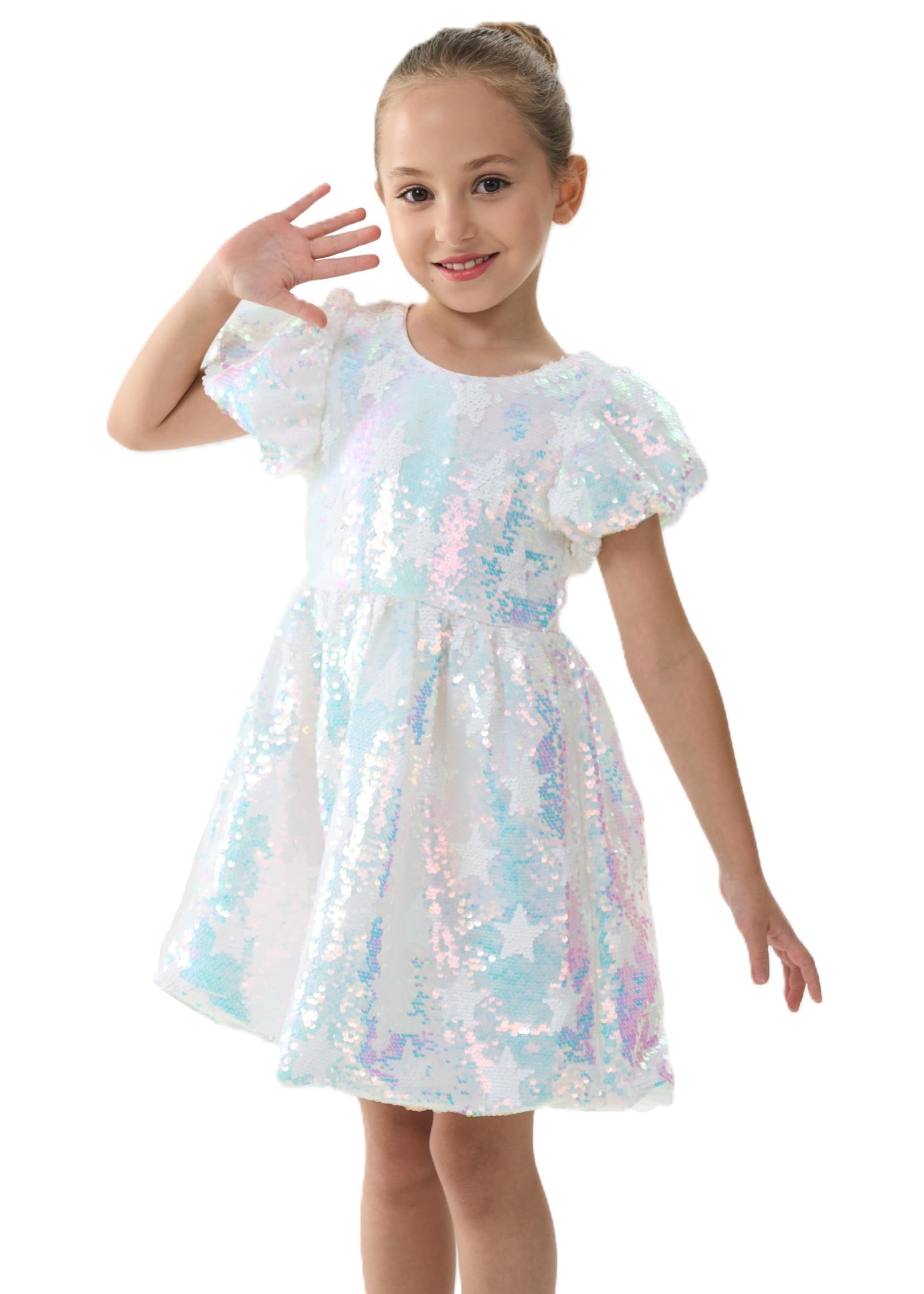 2Bunnies Girls' Iridescent Star Sequin Puff Sleeve Dress