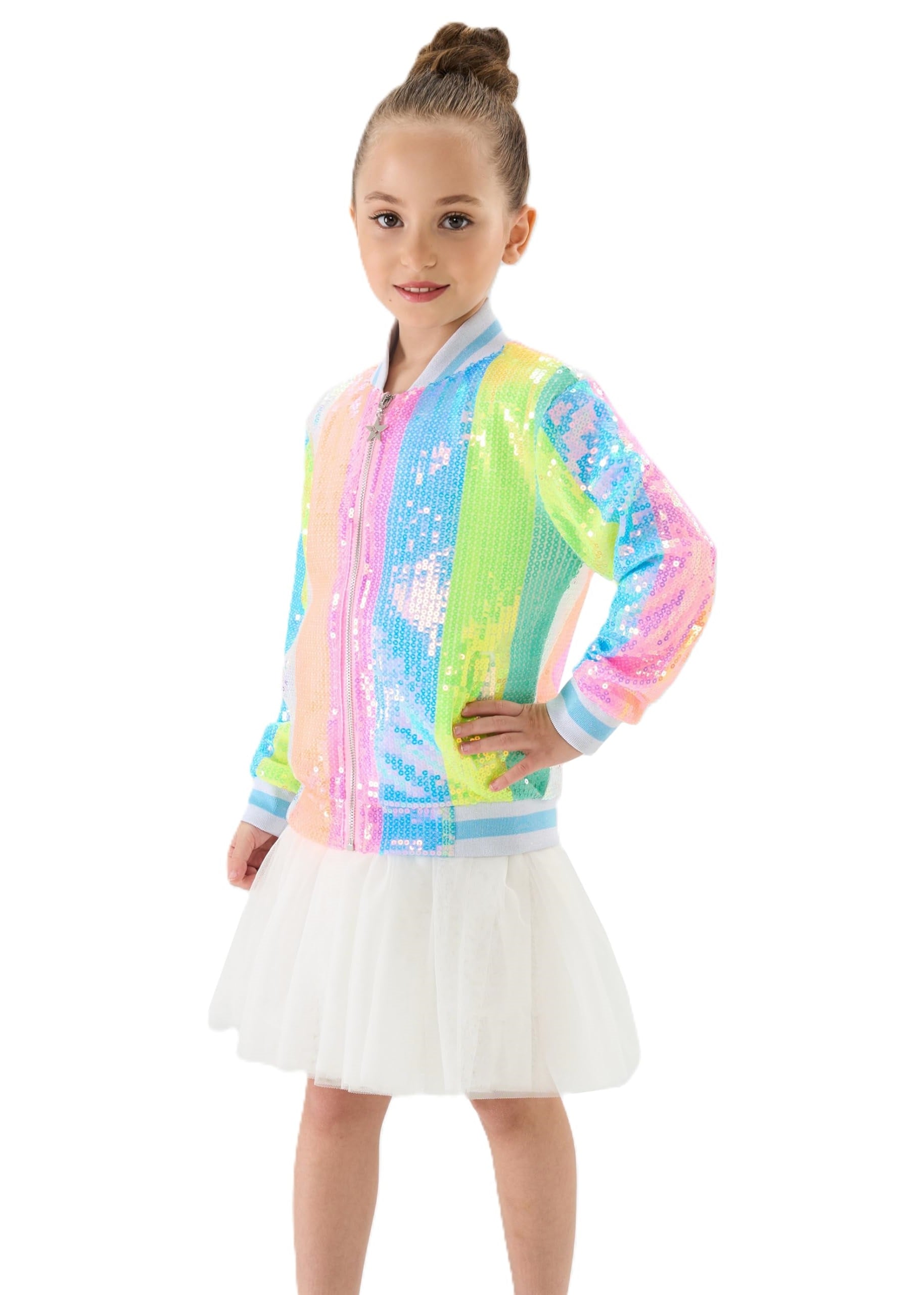 2Bunnies Girls' Neon Stripe Sequin Bomber Jacket