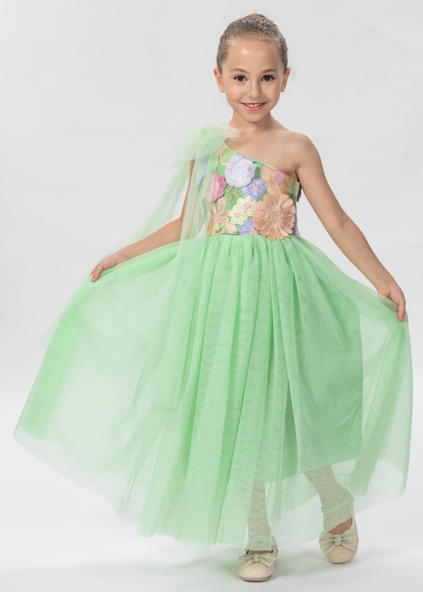 One Shoulder Adjustable Strap Embroidered Girl Dress in Green