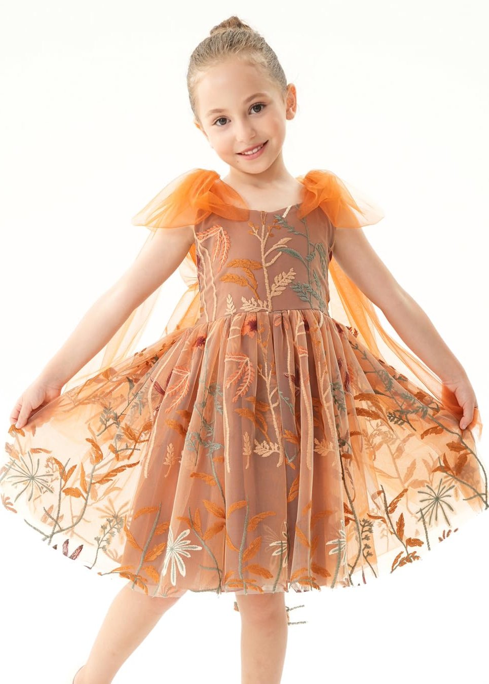 Floral Embroidered Tulle Girl Dress in Orange Knee