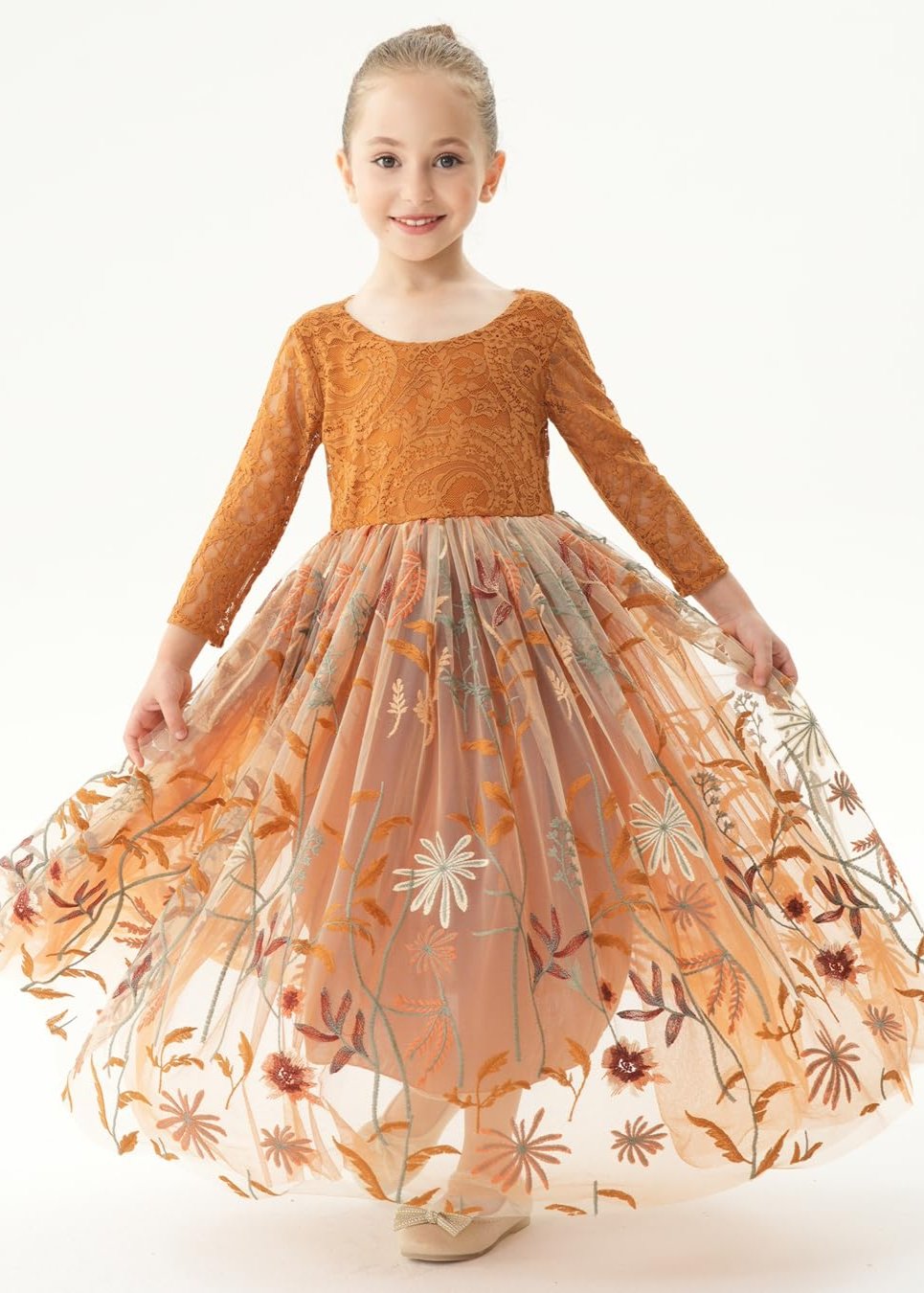 Floral Embroidered Tulle Lace Girl Dress in Orange