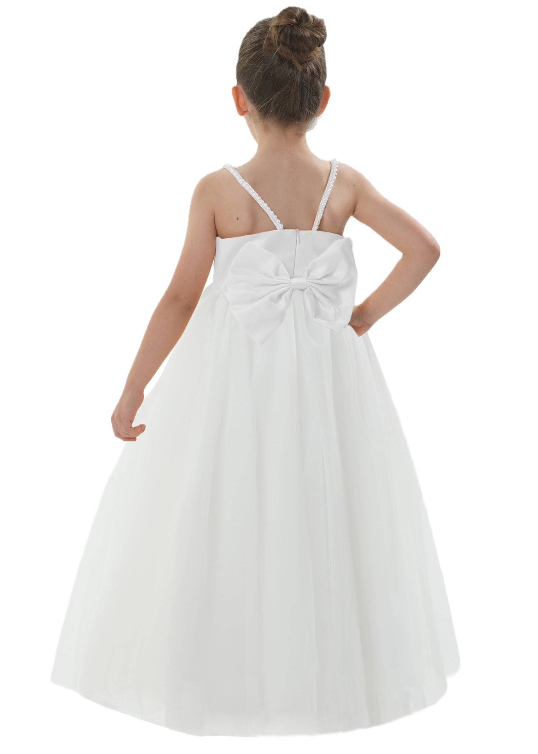 2Bunnies Satin Pearl Strap Bow Girl Dress in White Maxi