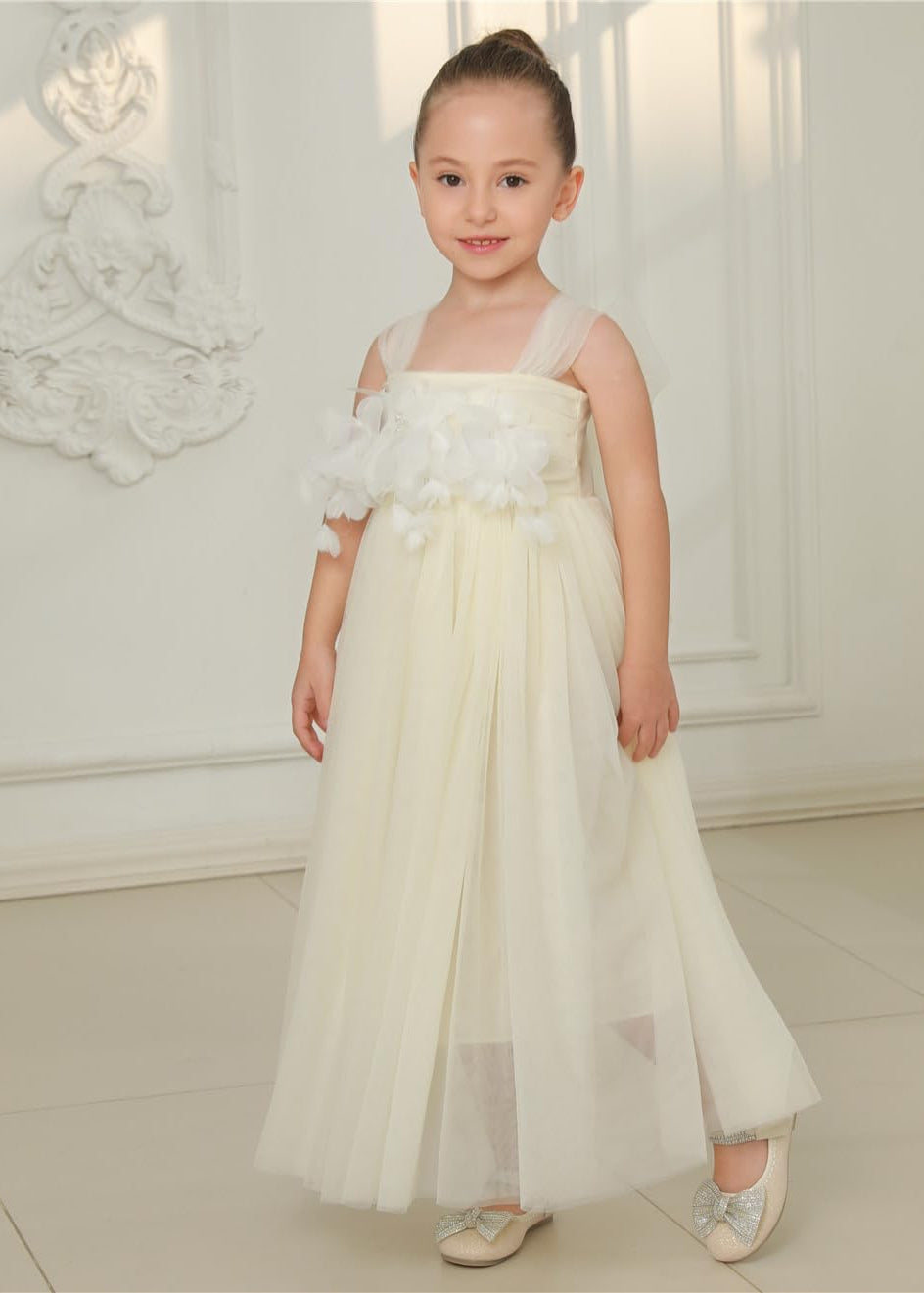 Lily Adjustable Strap Girl Dress in Ivory Maxi 3D Flower Petal