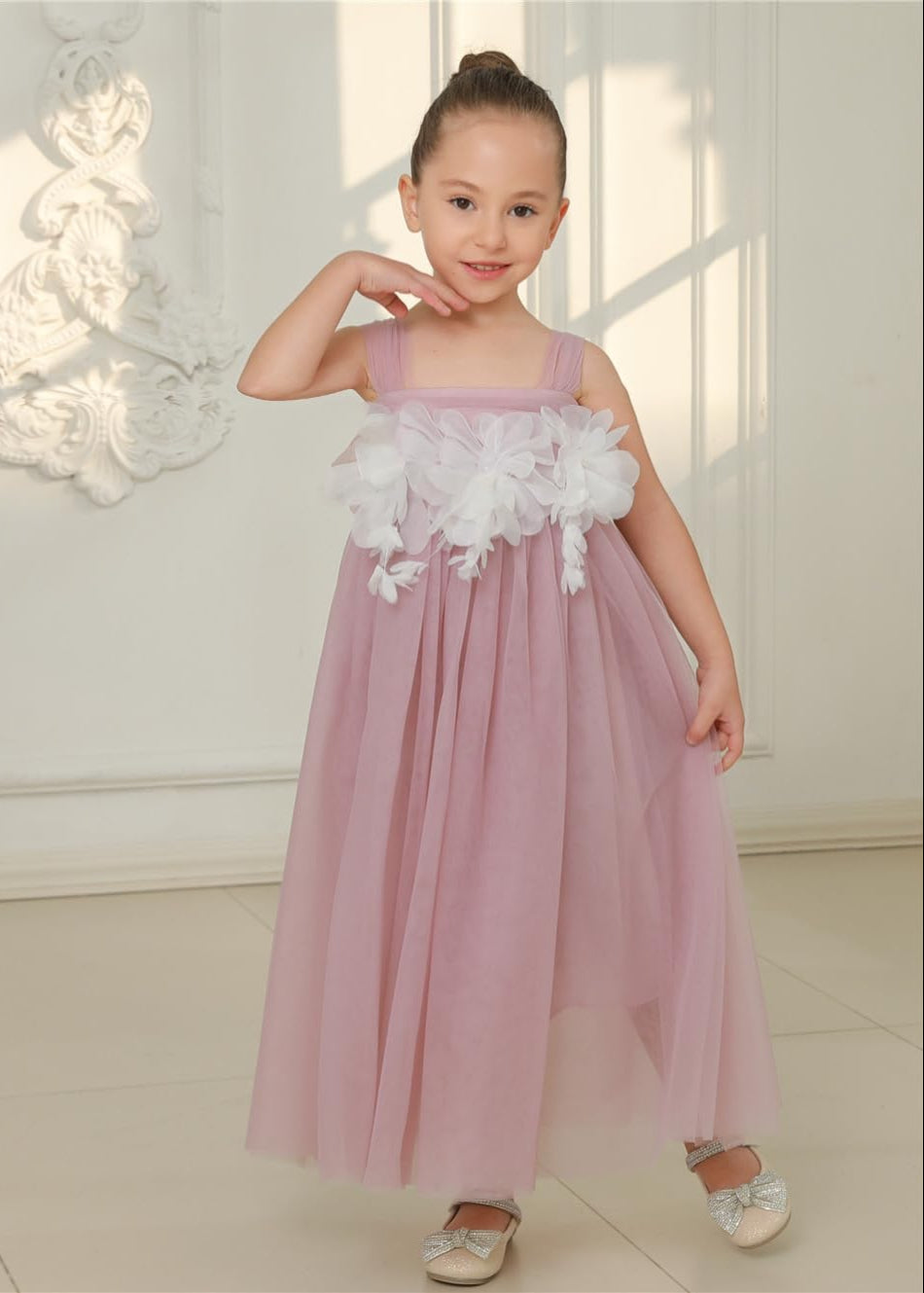 Lily Adjustable Strap Girl Dress in Mauve Maxi 3D Flower Petal