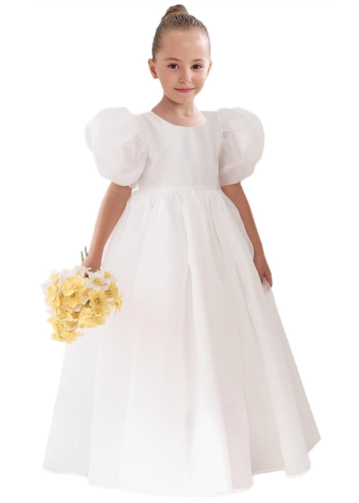 2Bunnies Girls' Organza Puff Sleeve Babydoll Dress in White Maxi