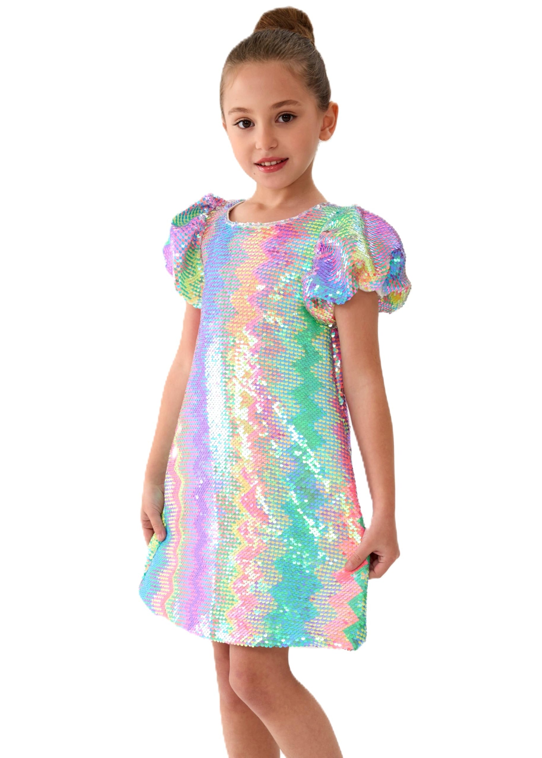 2Bunnies Girls' Spectrum Sparkle Sequin Puff Sleeve Dress