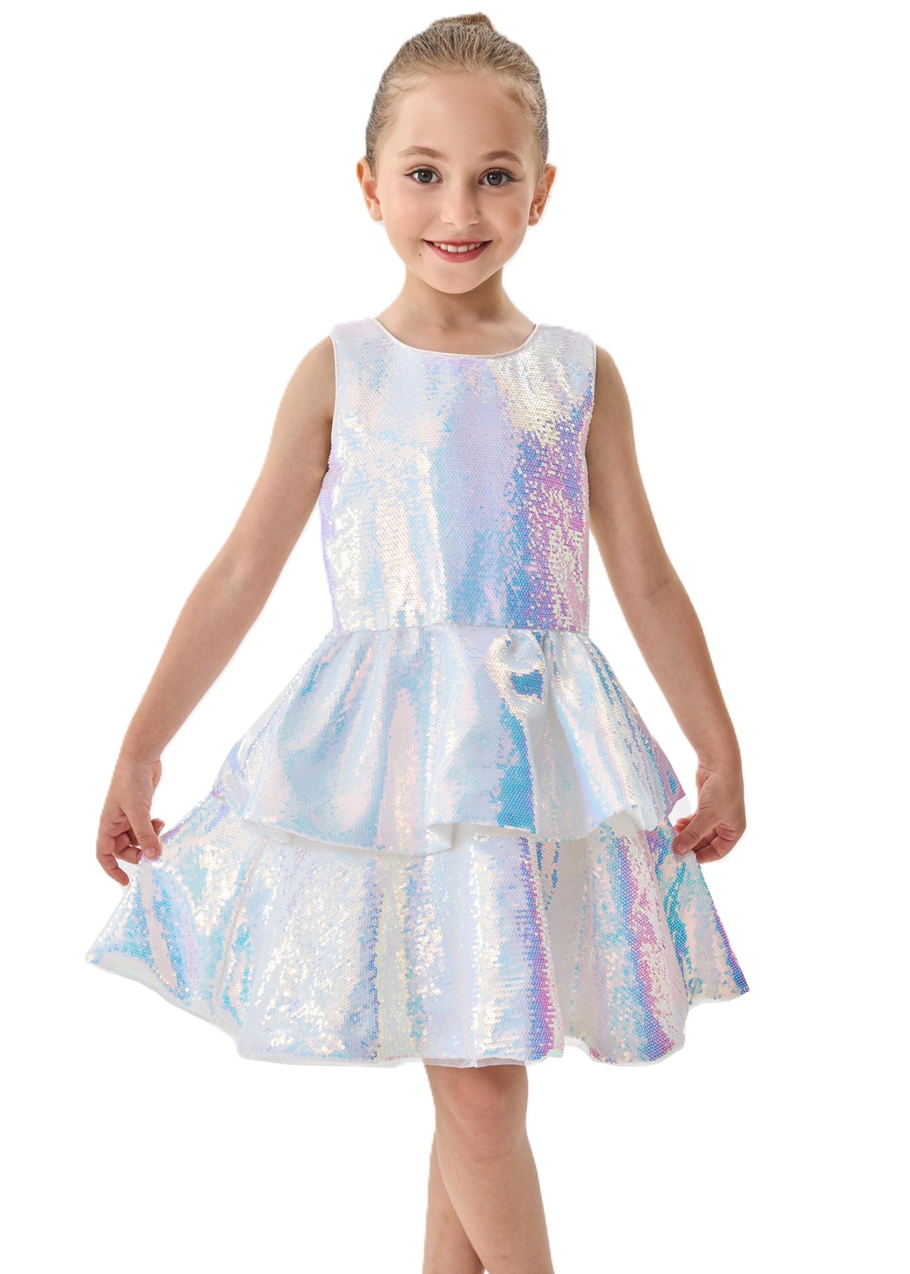 2Bunnies Girls' Shimmering Silver Tiered Sequin Dress