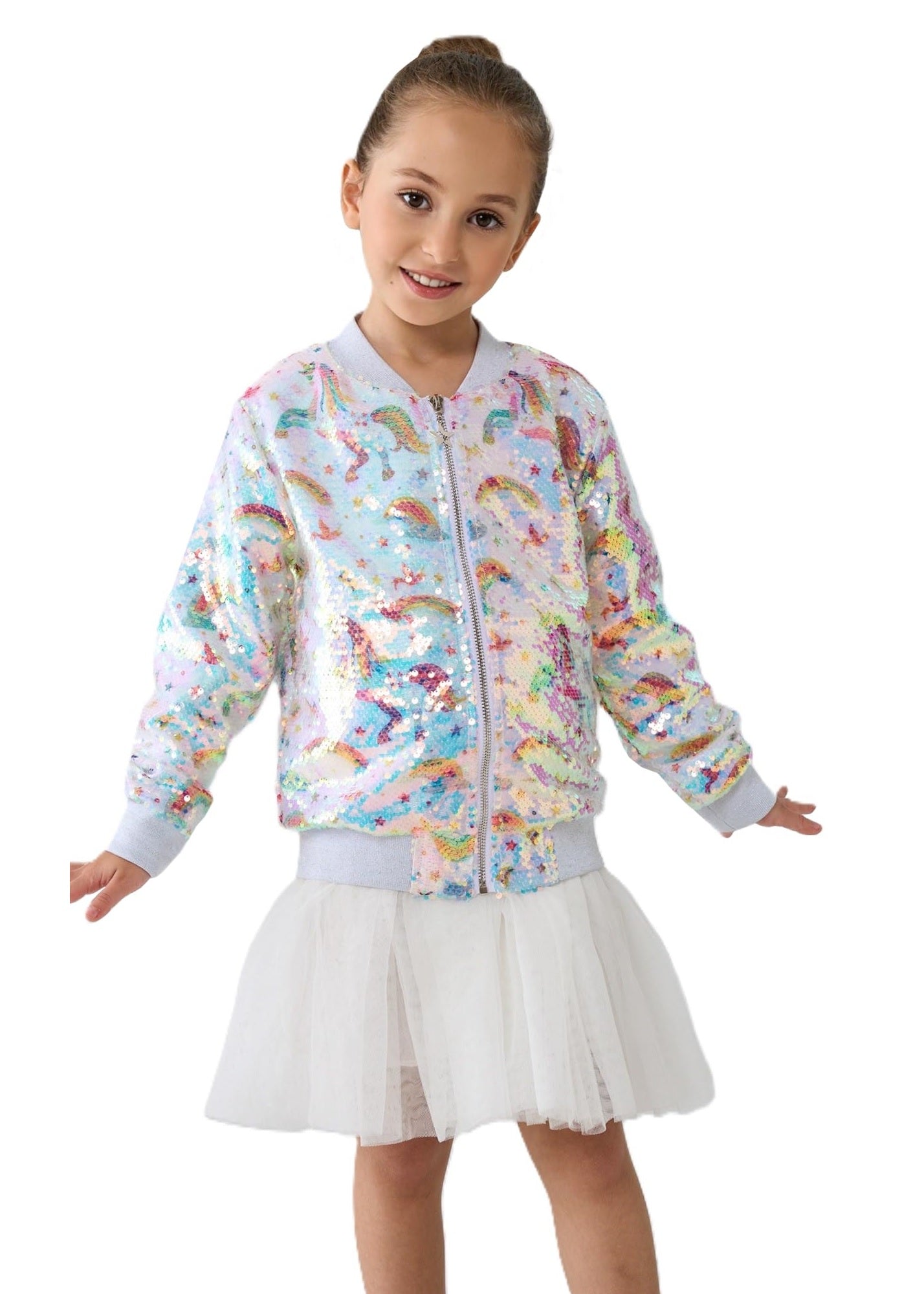 2Bunnies Girls' Unicorn Rainbow Sequin Bomber Jacket