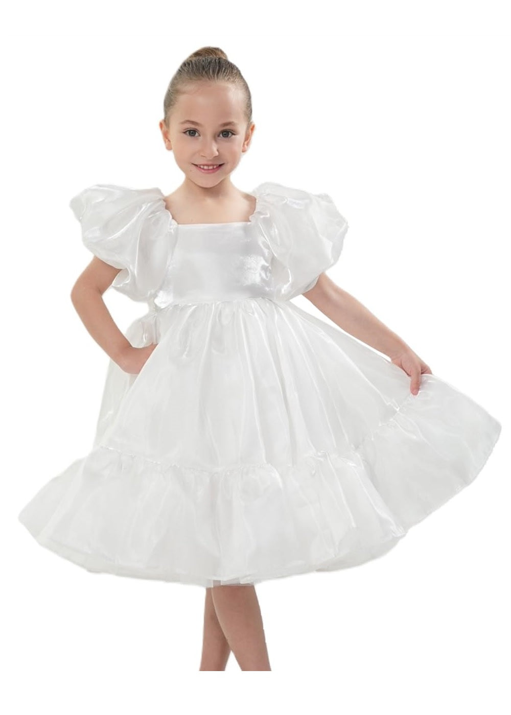 2Bunnies Girls' Organza Puff Sleeve Babydoll Dress in White Ruffle Hem