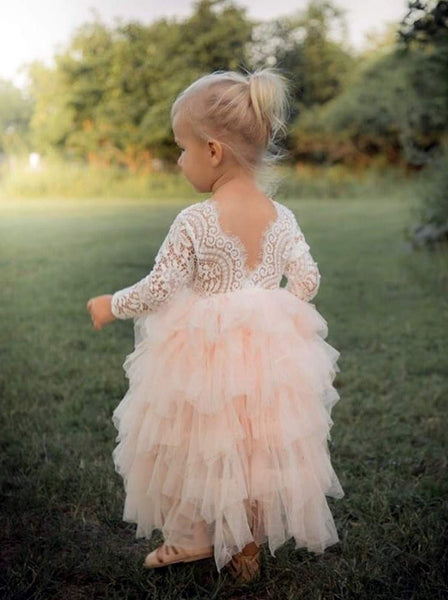 2 Bunnies Peony Lace Flower Girl Dress in Pink Sleeveless Knee-Length Tiered Tulle A-Line V-Back Scoop 6